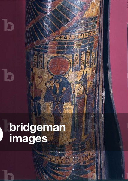 Detail of sarcophagus showing Re-Harakhty with solar disc, holding crook and flail sceptres, two sons of Horus standing behind, Third Intermediate Period, 850-730 BC (polychrome gesso) (detail of 83357)