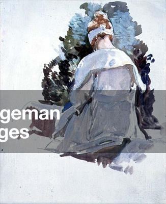 Woman in a white dress sitting upon rocks (oil on paper)