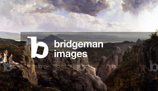 The Elbor Rocks looking towards Glastonbury, with the artist, E.J. Niemann, painted by A.F. de Prades