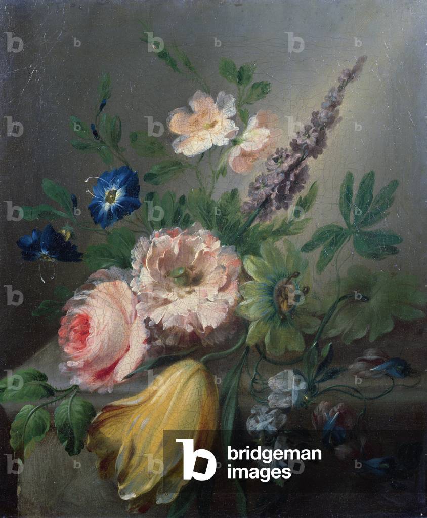 Still life of roses, passion flowers, a tulip and other flowers on a stone ledge