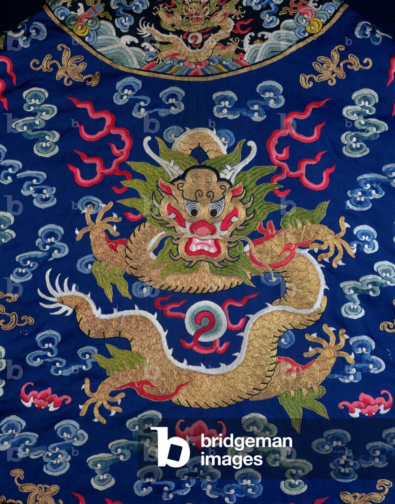 A blue-ground embroidered Kesi dragon robe, detail of dragon (silk)