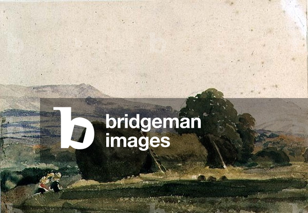 Landscape with haystacks (pencil and watercolour)