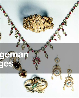 Antique gold and and gem set bracelet in the form of oak leaves, c.1830; ruby and chrysolite fringed necklace; serpentine necklet with almandine garnet set head; Victorian emerald and gold brooch; mosaic earrings, c.1870