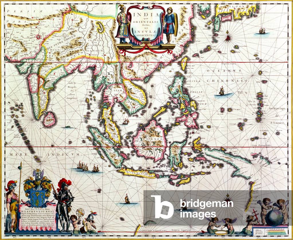 India Quae Orientalis Dicitur, Et Insulae Adiacentes, map showing South-East Asia and The East Indies, published, Amsterdam, c.1635 (hand-coloured engraving)