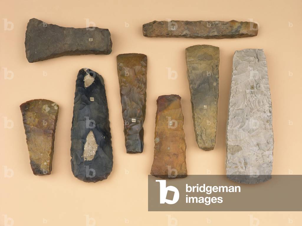 Collection of Neolithic to early Bronze Age weapon heads including Scandinavian stone battle and Danish flint axes, 2400-1000 BC (stone, flint)