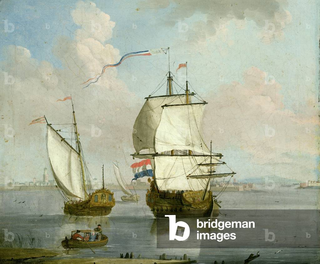 A Dutch East Indian man and a Royal Yacht in an Estuary with a Town Beyond