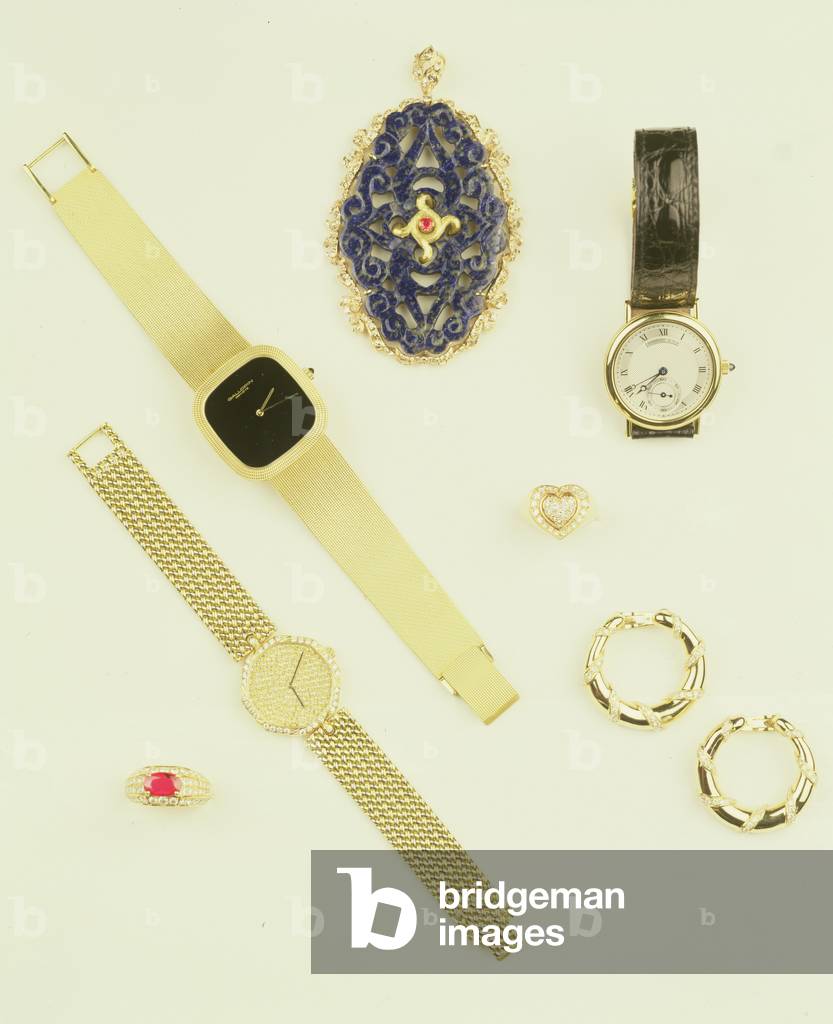 Selection of jewellery: sodalite pendant; pave-set diamond ring; Creole earrings by Cartier; three gentleman's wrist watches