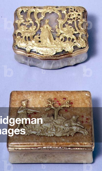 Cartouche-shaped gold-mounted hardstone snuff-box, German, c.1750; Rectangular gold and quartz snuff-box, German, c.1760