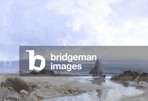 Figures in a Boat, Sailing up a small Estuary