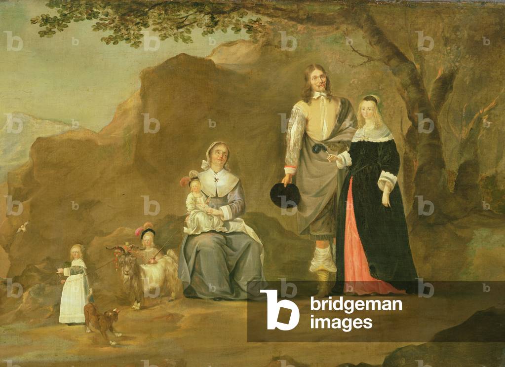 Family Group with a Dog and Goat in a Mountainous Landscape