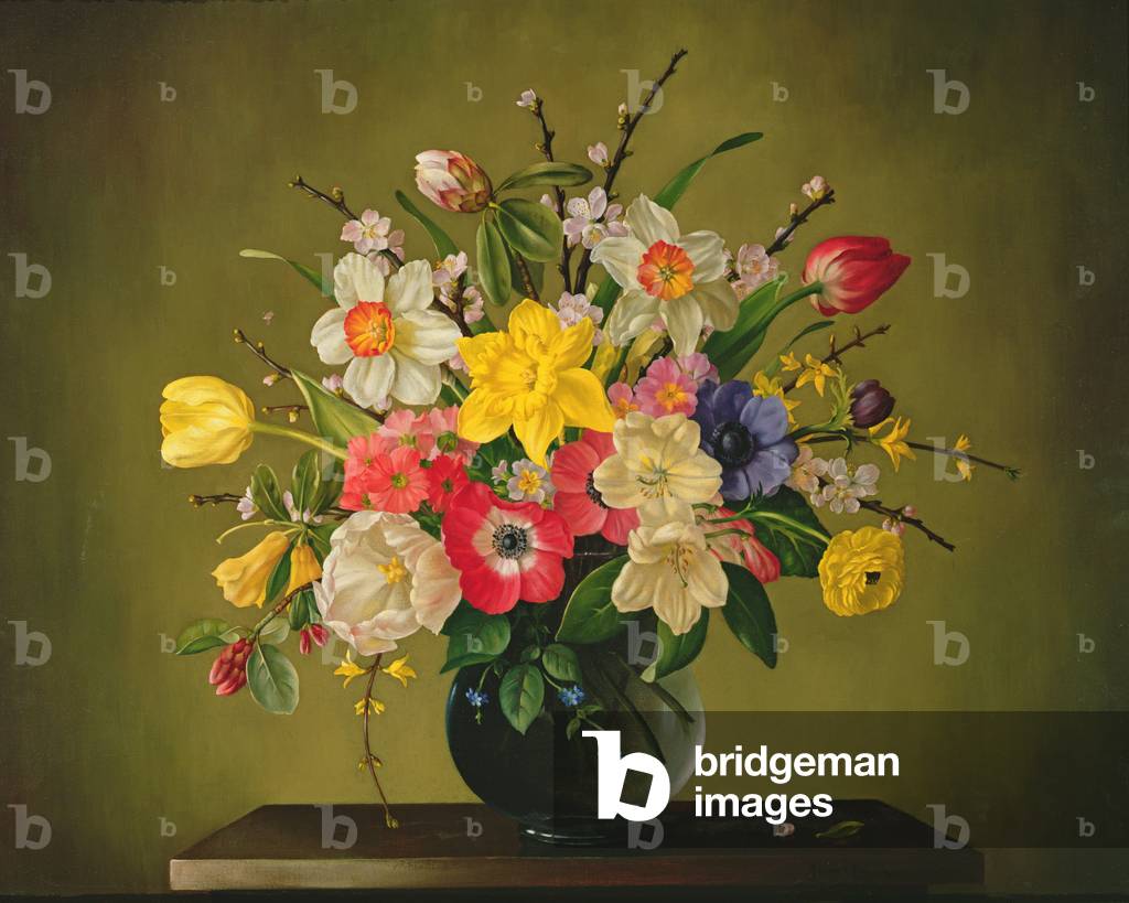 Narcissi, Anemones, Tulips, Forsythia, Rhododendron and Apple Blossom in a Glass Vase