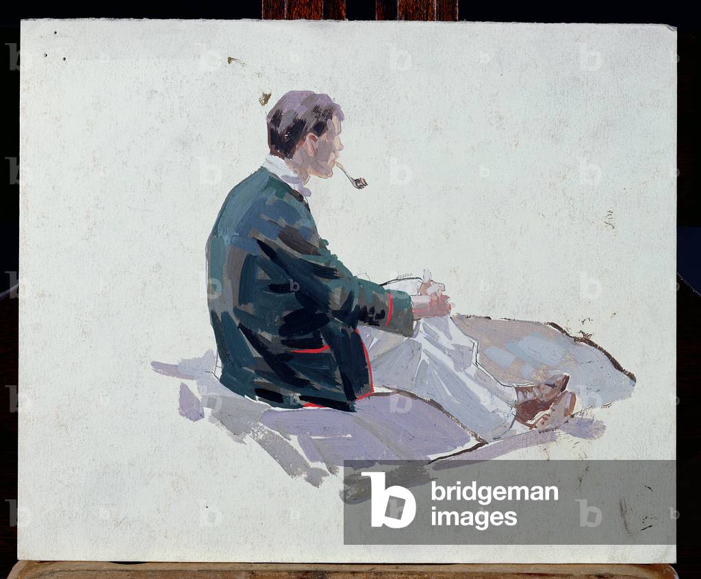 Man sitting upon rocks smoking a pipe (oil on paper)