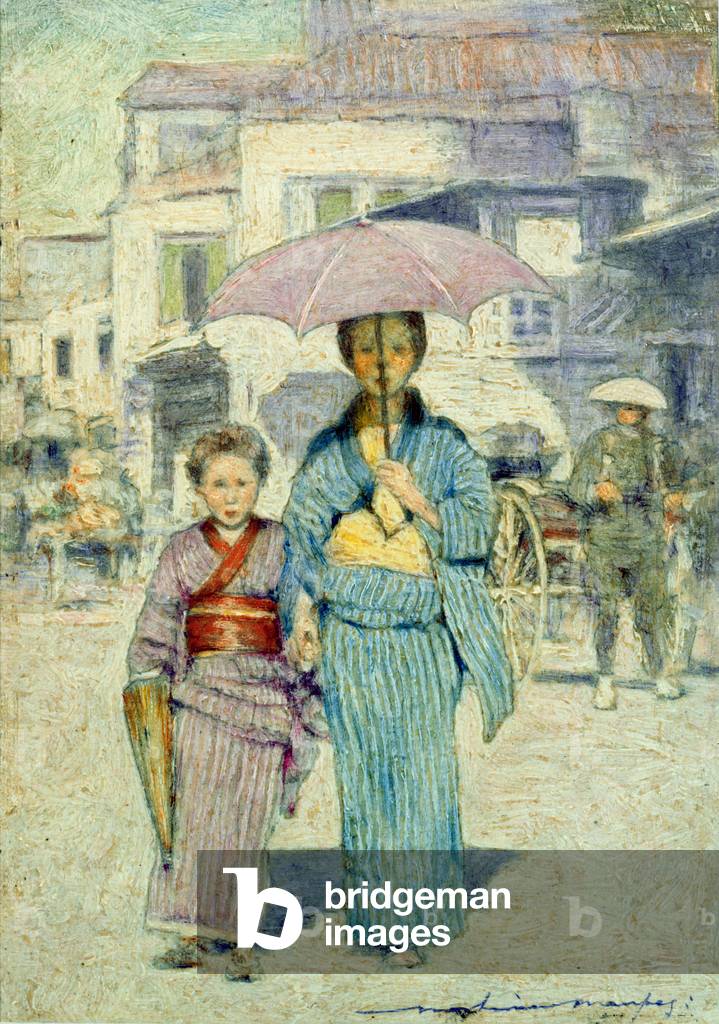 A Japanese Street Scene (oil on board)
