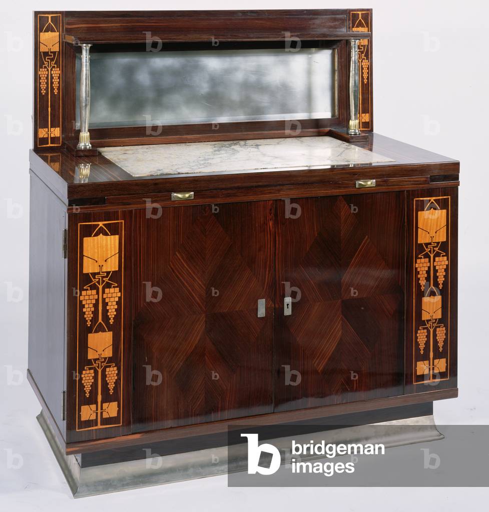 Austrian Macassar mirror-back marquetry side cabinet (ebony, marble and mirror)