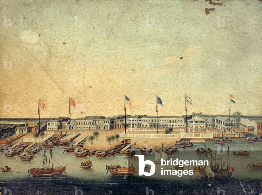 View of the Hongs at Canton with the Danish, Austrian, American, Swedish, British and Dutch factories (oil on copper)