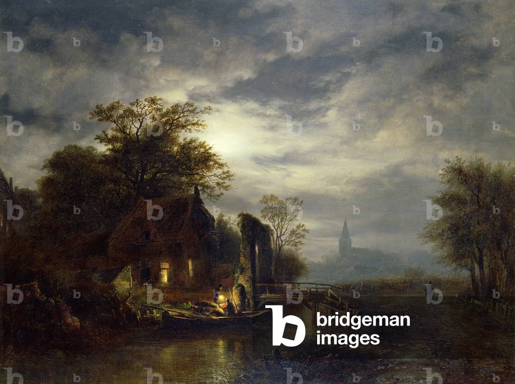 Moonlit river scene with figures unloading a boat