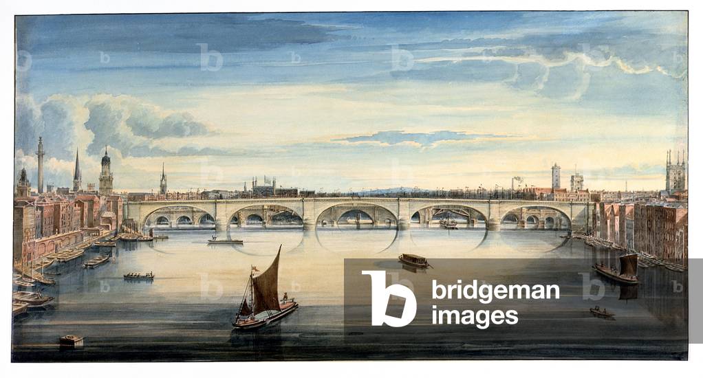 West view of New London Bridge and Old London Bridge, 1830 (w/c)