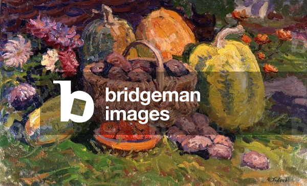 Still life with a basket of potatoes, pumpkins and strawberries (panel)