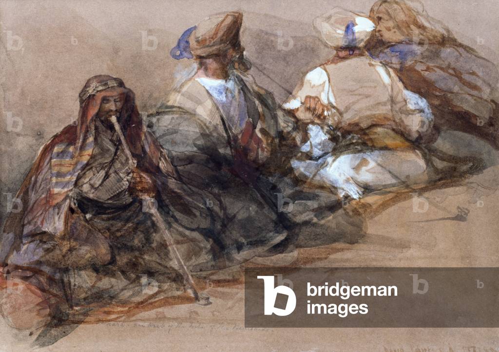 Group of Arab figures, two smoking a cubuk (w/c)