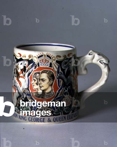 Staffordshire mug commemorating the coronation of George VI (1895-1952) printed in colours after the original design by Dame Laura Knight (1877-1970) (ceramic)