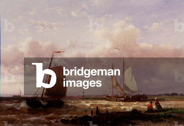 A Coastal Scene with Fishing Boats (oil on panel)