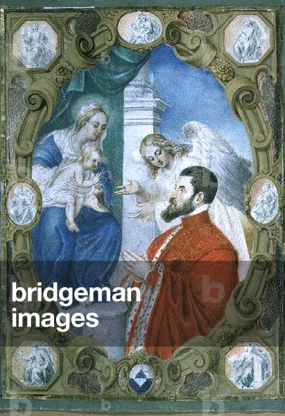 Venetian senator (probably named Angelo Correr) being presented to the Virgin and Child by his guardian angel, Venetian manuscript, c.1590 (tempera on vellum on paper)