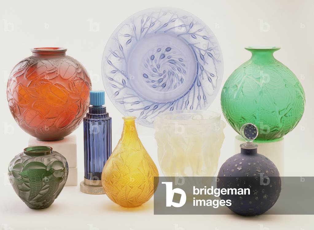 Selection of vases: 'Gros Scarabees', 'Anvers' blue bowl, 'Milan', 'Forest' green vase, 'Danaides', 'Sauge', 'Bacchantes', 'Farandole' scent bottle (glass)