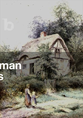 Two Girls and a Kitten by a Thatched Cottage