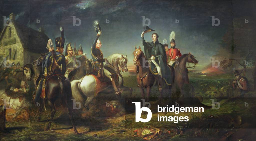 The Meeting of the Duke of Wellington and Field Marshal Blucher on the Evening of the Victory of Waterloo at La Belle Alliance, 1854 (oil on canvas)
