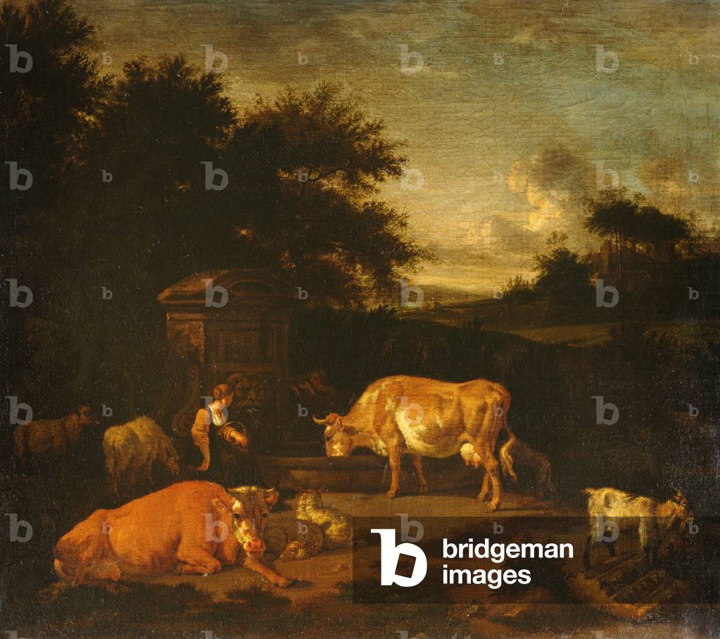 Shepherdess and a Drover with their Flocks by a Classical Fountain in a Wooded Landscape