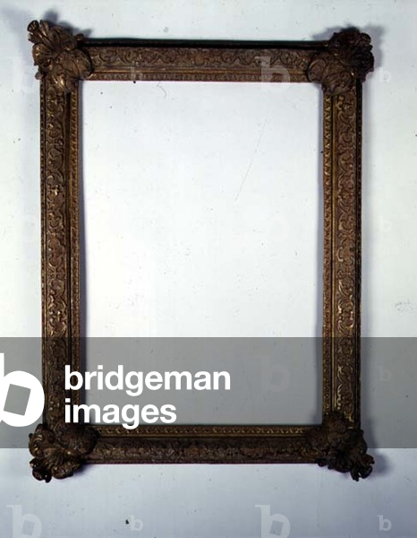 Southern French Louis XIV frame with a running foliate strapwork carving to the centre, bead and reel and leafwork to the edges and the corners overlapped with acanthus and anthemion cartouches