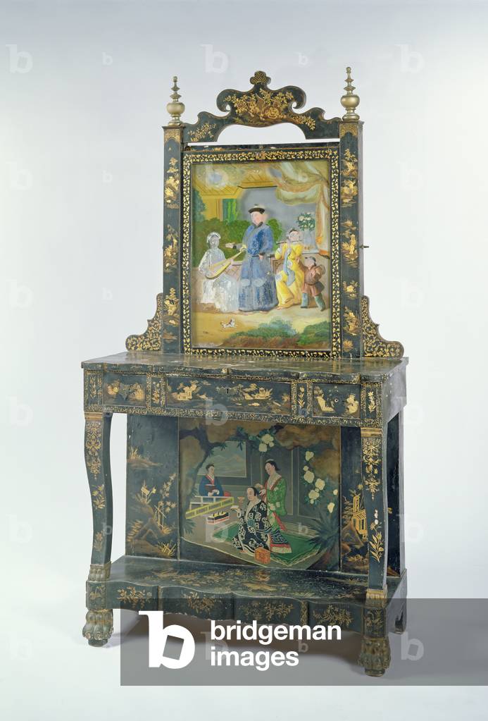Chinese export black lacquered and parcel gilt hall stand, mid 19th century