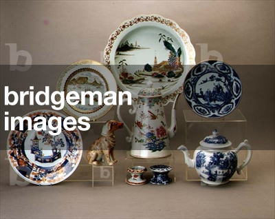 Selection of Oriental porcelain: blue and white salt cellar, export teapot; 'Doctor's Visit' dish; famille rose coffee pot; salt cellar, basin; Imari dish; figure of a hound