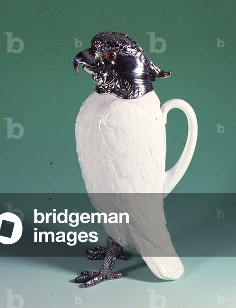 Spode silver-mounted Copeland cockatoo claret jug, Aspreys, 1913 (silver & ceramic)