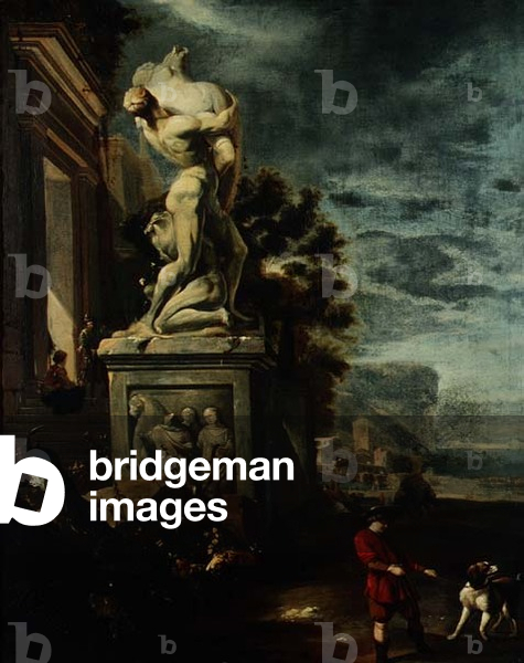 Sea port with figures by a classical statue