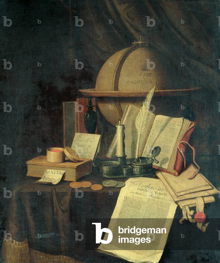 Omnia Vanitas: a Terrestrial Globe, a Caviole, Coins, and a Copy of the London Gazette for 13th July 1691