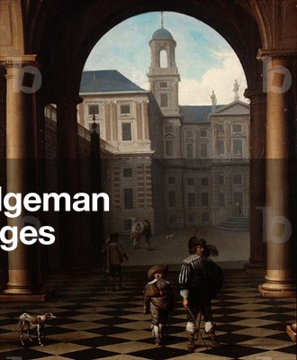 Elegant figures in a loggia at the entrance of a palace
