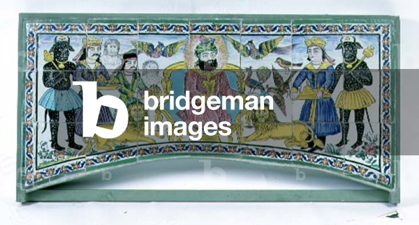 Central panel of a Qajar architectural arch decorated with polychrome Cuerda Seca tiles depicting a ruler flanked by lions and his servants, from Shiraz, Persian, 19th century (pottery) (see also 93388-89 & 93391-92)