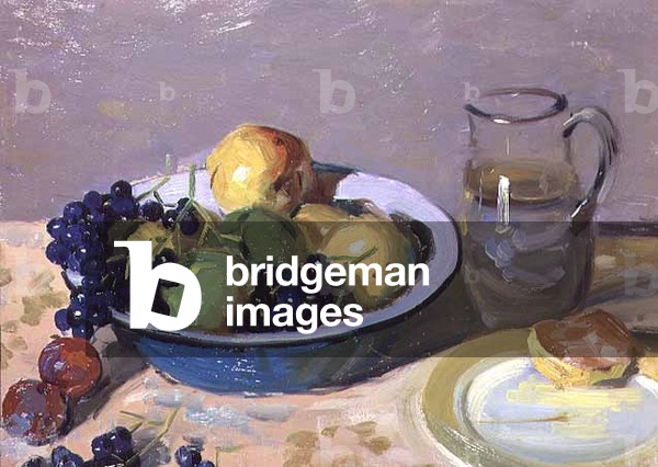 Still life of fruit in a bowl with a glass jug