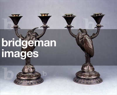 Pair of Candelabra in the form of two cranes with foliate arms and lotus flower sconces, by Auguste-Nicolas Lair (patinated bronze)