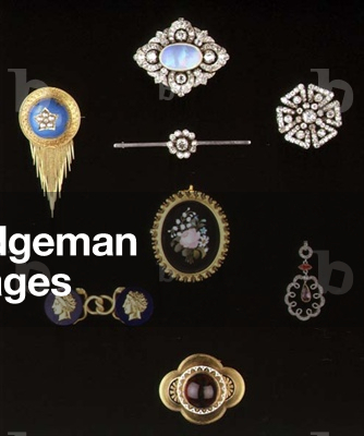 Selection of Victorian brooches: lapis lazuli brooch with Roman profiles; pietra dura spray of flowers brooch; gold filigree, turquoise and pearl brooch; opal and diamond brooch; carbuncle lozenge-shaped brooch; diamond cluster bar brooch