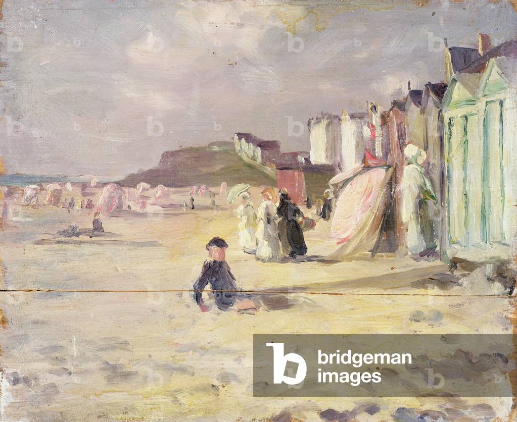 Figures walking beside a line of beach huts (panel)
