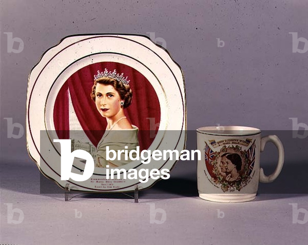 (LtoR) Commemorative Coronation Plate bearing a portrait of Queen Elizabeth II (b.1926) painted by Allen Huabe, American, 1953; mug bearing double portrait of Queen Elizabeth II and Prince Philip, commemorating their visit to Canada, 1959 (china) (see also 99022)