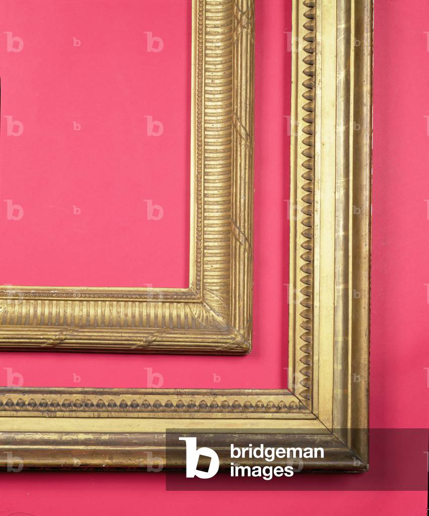 Two English late 18th century carved and gilded neo-classical frames: hollow section with a tongue sight moulding, unworked knull and a ribbon and stick back edge; outer ribbon and pole ornament, a fluted hollow overlaid to the corners with palmette motifs and a shot sight edge