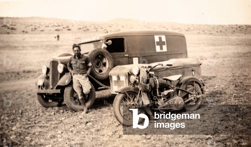 Ambulance with Medic& Motorcycle, WWII, 1942 (silver gelatin print)