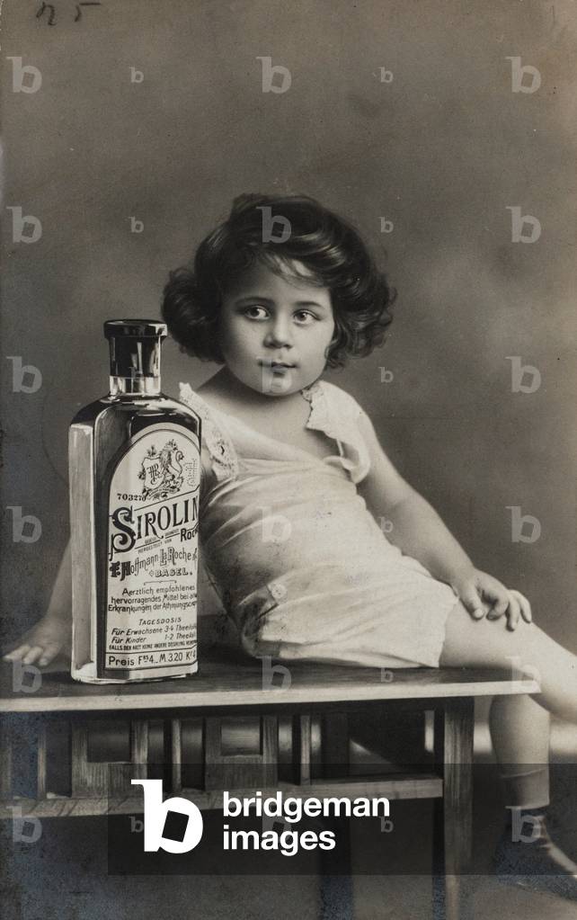 Painting of Child Posing with a Bottle of Sirolin, 1909 (postcard)