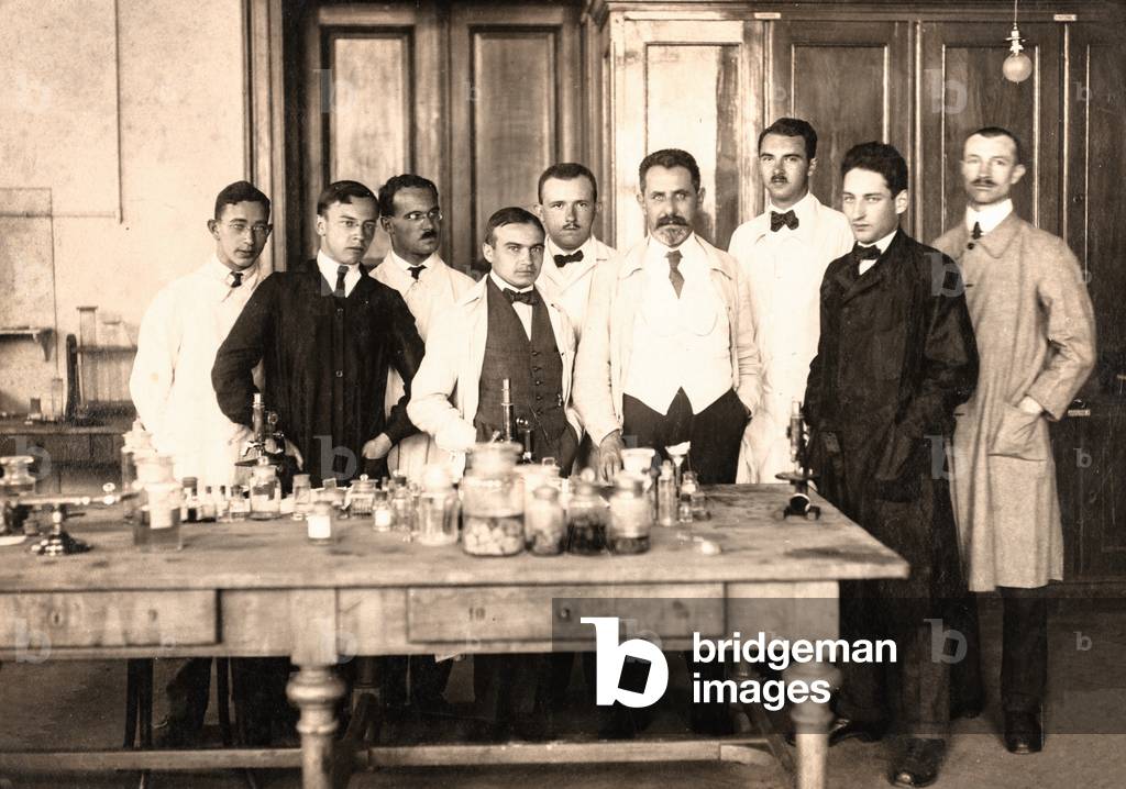 Group Portrait of Scientists at a Lab Table, Vinohrady, Prague, Czech Republic, c.1905 (silver gelatin print)