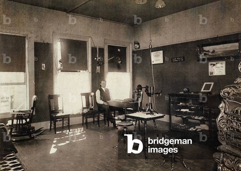 Ophthalmologist's Office with Early Slit-Lamp, c.1915 (silver gelatin print)