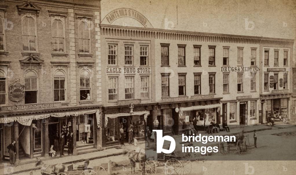 Streetscene with Eagle Drug Store and Horse-Drawn Carriages, Binghamton, New York, USA, c.1875 (silver gelatin print)