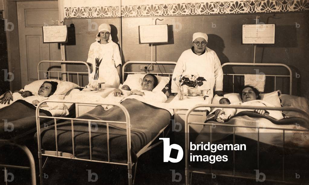 Maternity Ward of Mothers with New Born Infants and Nurses, Valka, Latvia, c.1930 (postcard)